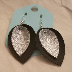 Faux Leather Black/Silver Teardrop Earrings